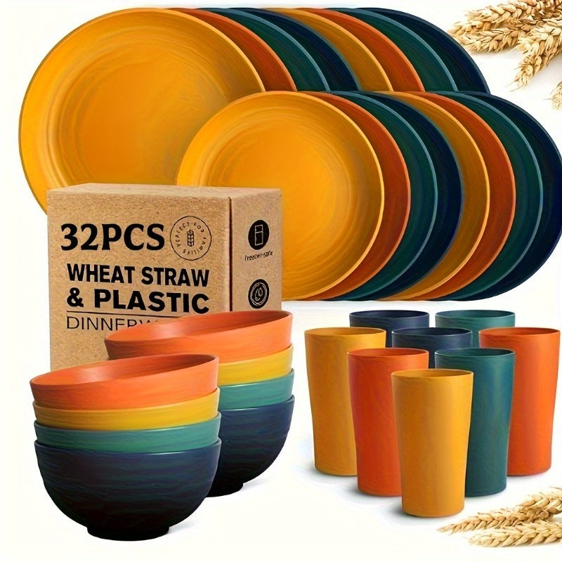 Wheat Straw Dinnerware Set 16 or 32 Piece ¨C Plates & Bowls for 4 or 8 People, Microwave & Dishwasher Safe Plastic Dish Set, Lightweight Colorful Tableware for Home, Party & Holiday