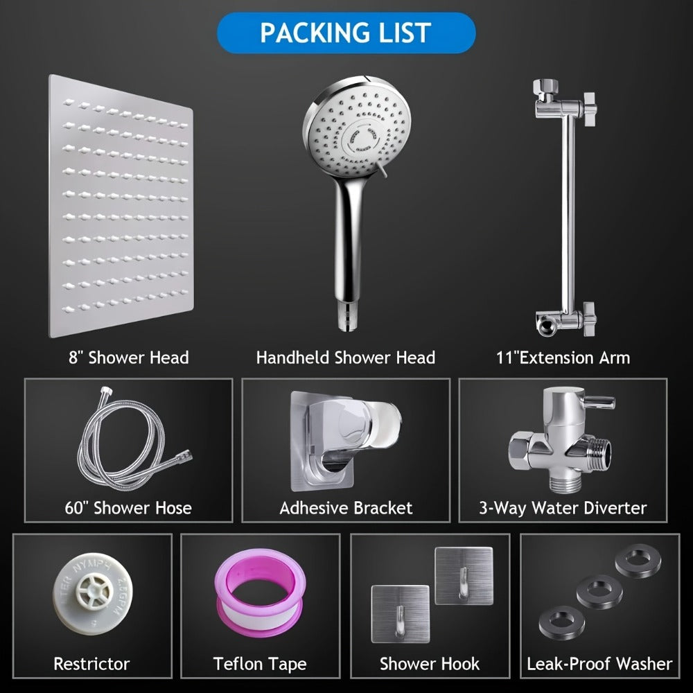 High Pressure Rainfall Shower Head Combo with Handheld Spray ¨C 9 Spray Settings, 180¡ã Adjustable Bracket, Stainless Steel Hose, Anti-Clog Nozzles, Modern Bathroom Shower System