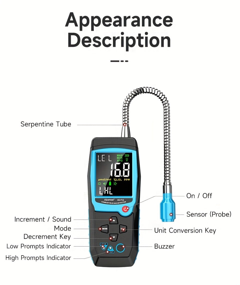 Gas Leak Detector Combustible Gas Detector Aicevoos AS-F12 Natural Gas Methane Tester Sound Light Alarm Electrochemical Sensor Home Industrial Safety