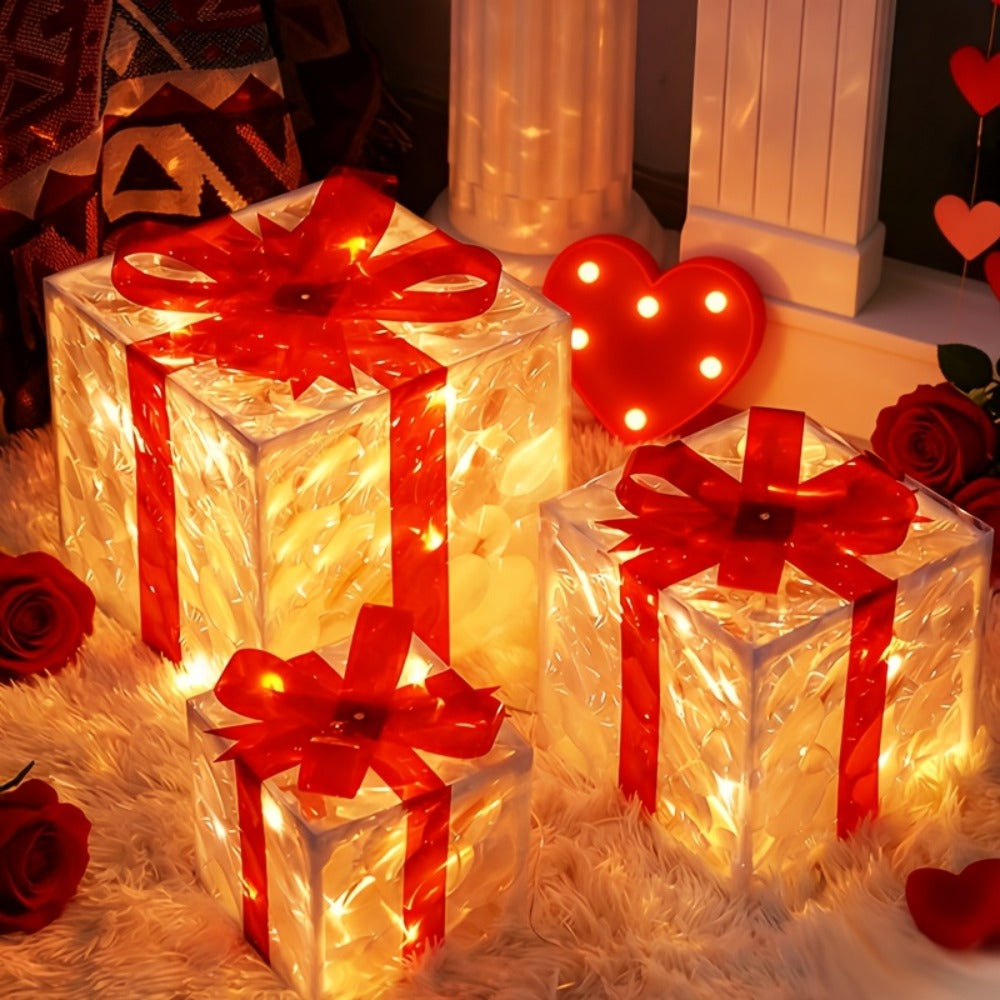 Christmas Gift Box Lamp 3pcs - Transparent Light Box with LED String Lights, Strap & Handle, Holiday Home Decoration, Birthday Party Decor, Manual Assembly