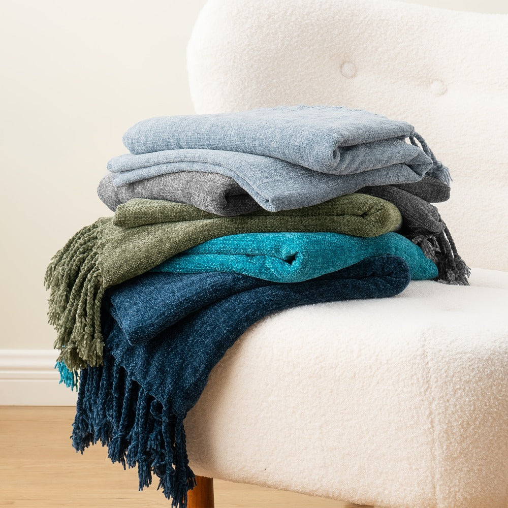 Chenille Fringe Throw Blanket ¨C 180-200gsm Velvety Soft Decorative Throw for Sofa & Couch, Home Decor, 50¡±¡Á60¡±, 17 Colors