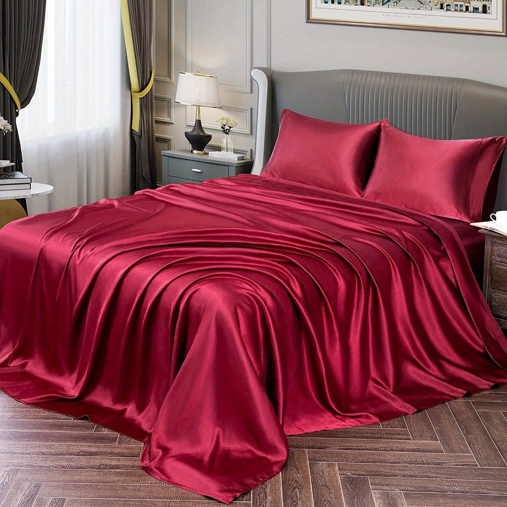 Satin Bed Sheet Set 4 Pcs ¨C Luxury Silky Smooth Hotel-Quality Bedding, Wrinkle-Free Deep Pocket Fitted Sheet, All-Season Elegant Satin Sheets ¨C Twin, Full, Queen & King, Multiple Colors
