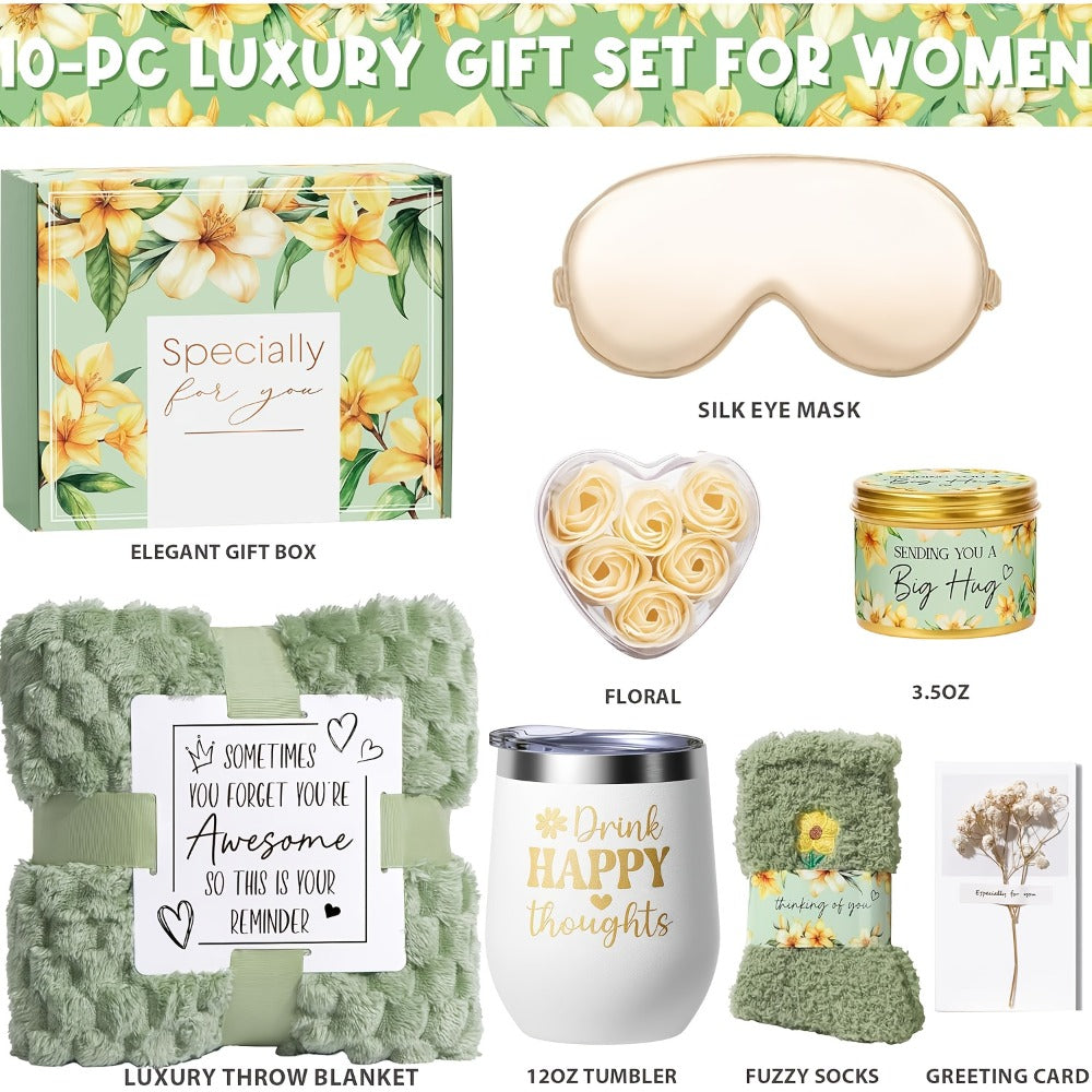 Self-Care Gift Basket for Women - Vanilla Coconut Spa Set with Cozy Blanket, Relaxing Gift for Mom Sister Friend Wife Grandma, Get Well Soon Valentine's Day Birthday Present
