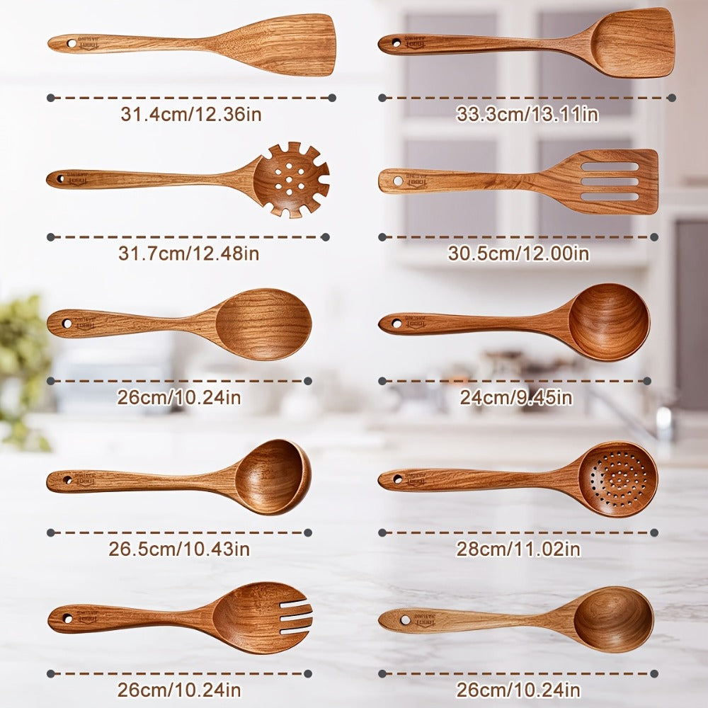 Wooden Spoons for Cooking 10 Pcs ¨C Teak Wood Kitchen Utensils Set, Non-Stick Safe Spatulas & Spoon Cooking Tools