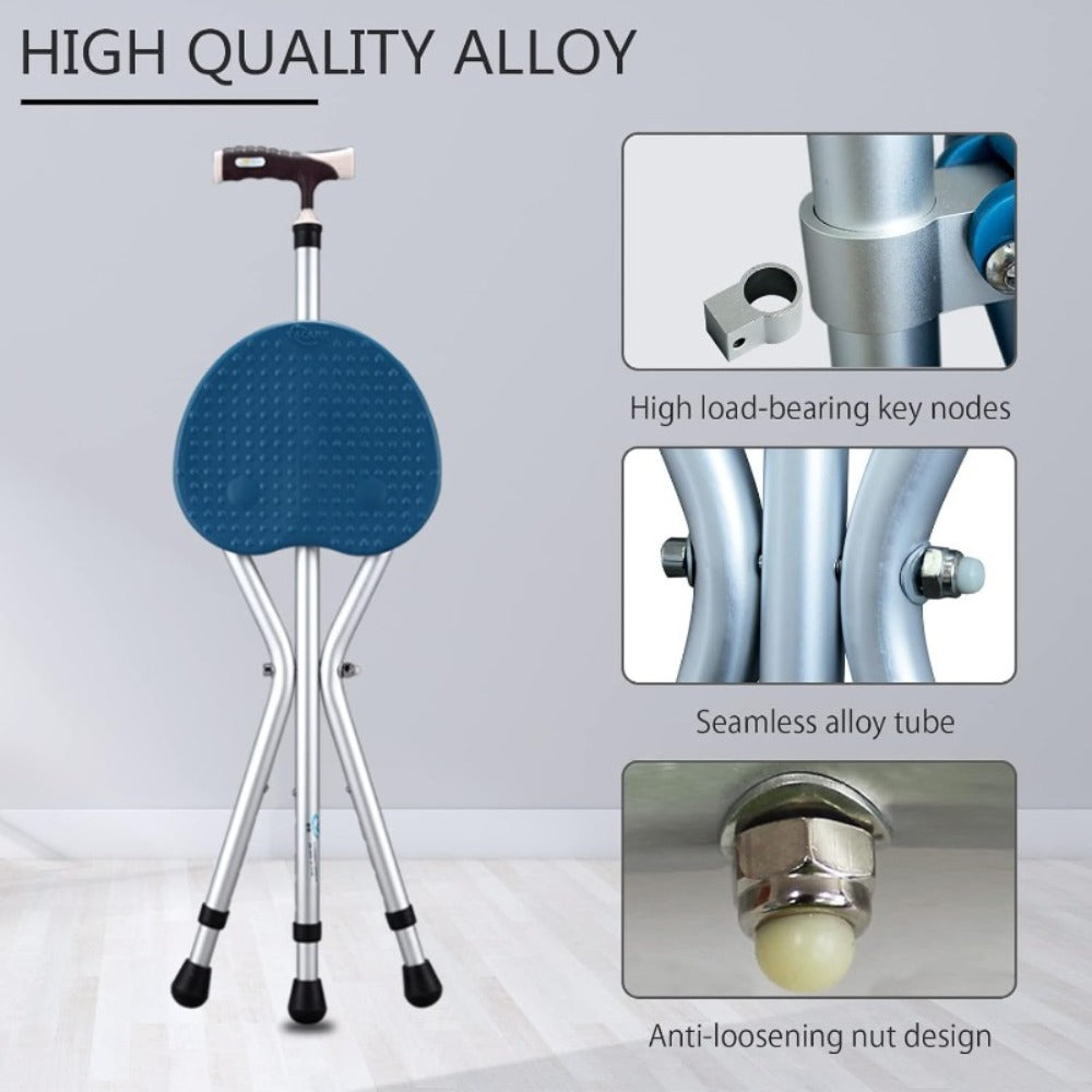 Folding Cane with Seat 440 lbs Capacity, LED Light Telescopic Walking Stick with Height Adjustment & Frosted Handle, Portable Foldable Cane Stool for Seniors Adults