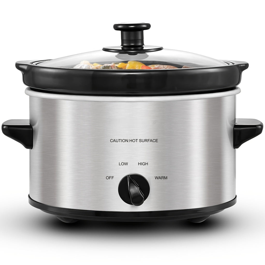 Mini Slow Cooker 1.5QT & 2.0QT with Adjustable Temperature Ceramic Crock & Dishwasher Safe Glass Lid ¨C Small Slow Cooker for Sauces Dips Soups Stews, Stainless Steel & Black