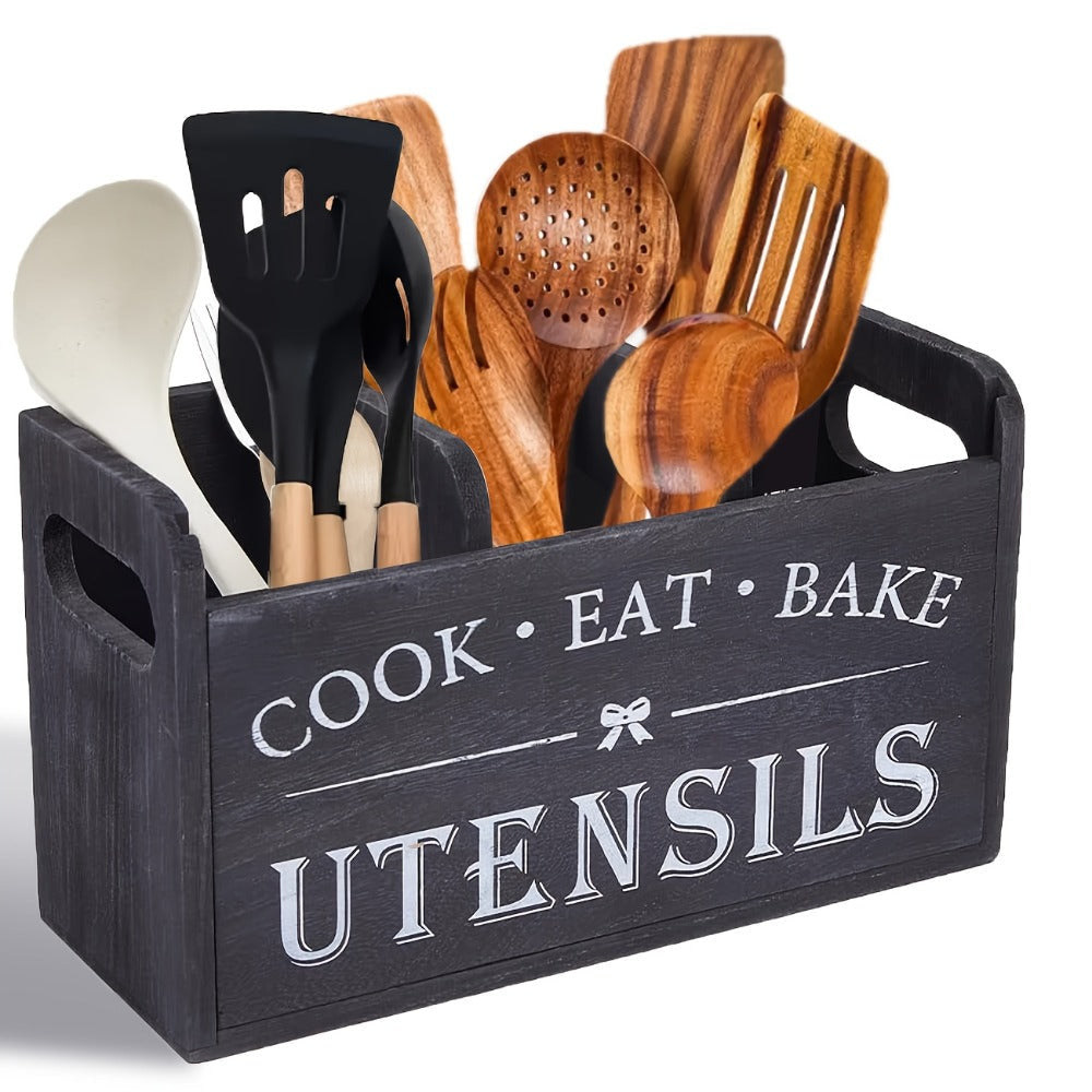 Wooden Kitchen Utensil Holder 3 Compartment Countertop Organizer, Rustic Wood Kitchen Tool Storage Box Wall Mounted or Countertop, Country Style Kitchen Accessories for Cook Bake Eat Tools