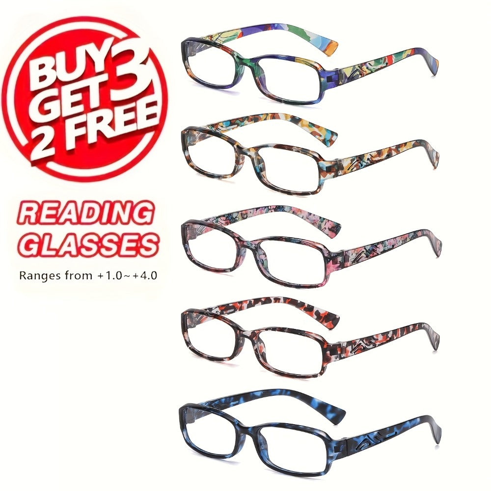Reading Glasses 5 Pairs Square Fashion Printed Multicolor Frames Men Women 1.0X-4.0X Magnification High Definition Lenses Daily Office Use