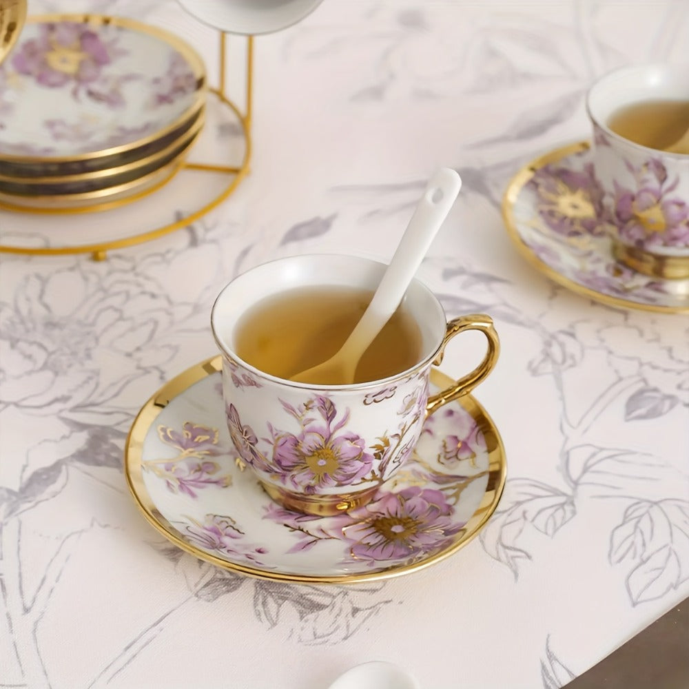20-Piece Floral Ceramic Tea Set with Saucers & Metal Stand | European Afternoon Tea Service, Blooming Design, Complete Tea Accessories, Gift for Tea Lovers