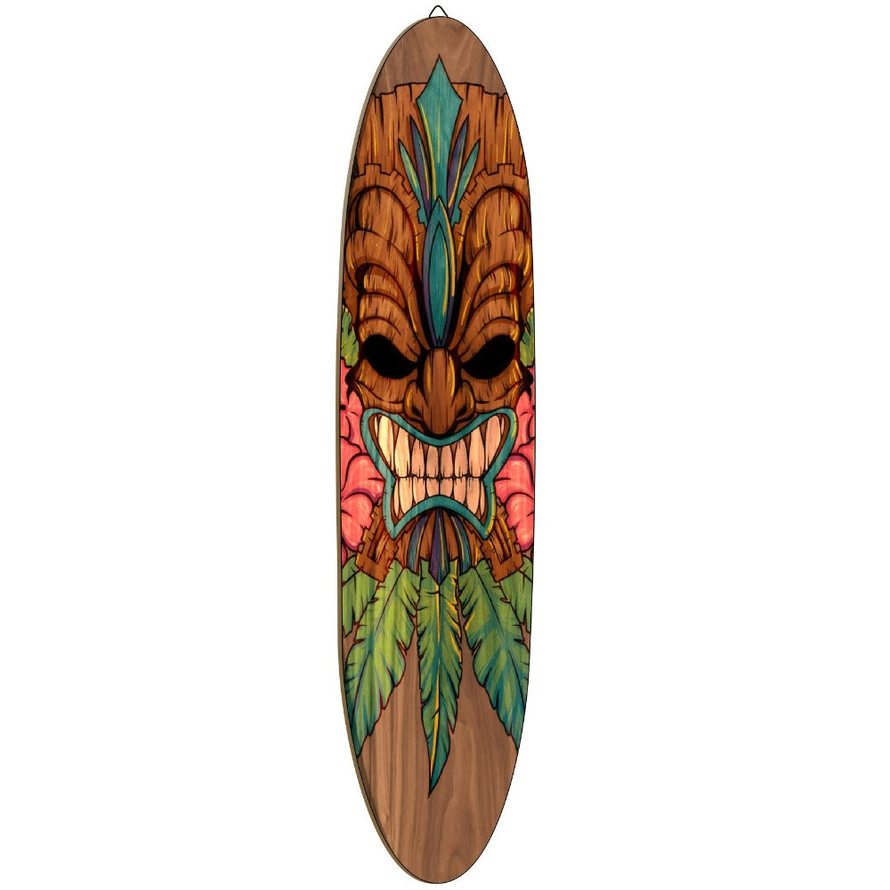 Wooden Surfboard Wall Art 15.74¡± ¨C Rustic Tropical Beach Decor with Hibiscus & Tiki Mask Design, Frameless Recycled Wood Wall Hanging for Hawaiian Bar, Home, Summer & Vacation Theme Decor