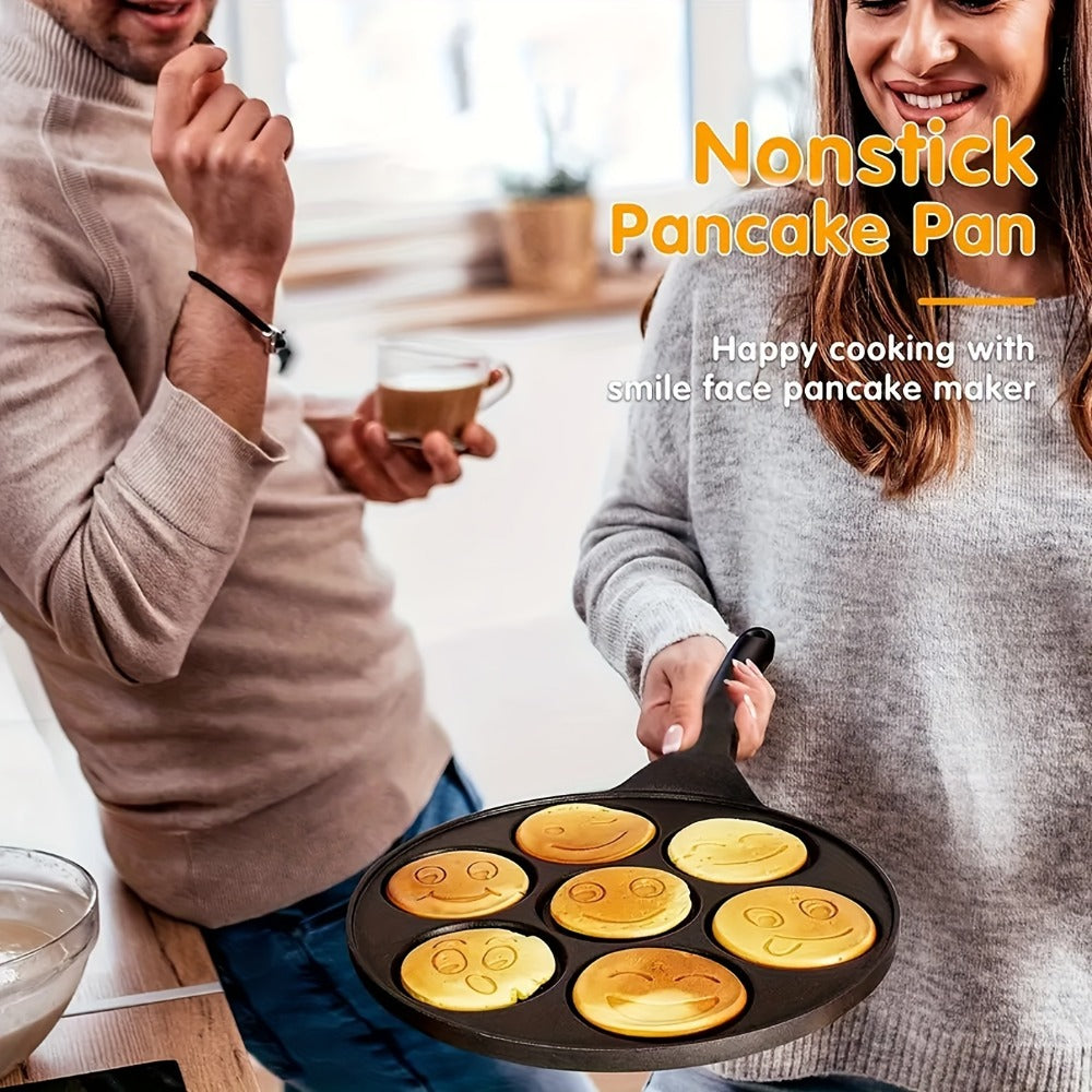 Non-Stick Pancake Pan 7-Hole Smiley Face ¨C Fun Breakfast Egg & Bacon Frying Tray for Kids & Family, Easy to Clean, Mini Pancake Maker Baking Pan Kitchen Cooking Tool
