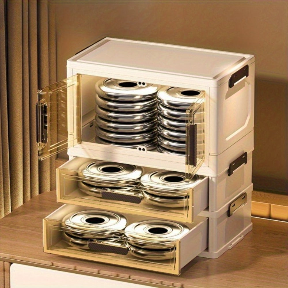 Makeup Storage Cabinet with Transparent Drawers, Stackable Cosmetic Organizer for Vanity, Foldable Plastic Skincare Storage Box, Retro White Gold Design, Desk Organizer for Bedroom Home