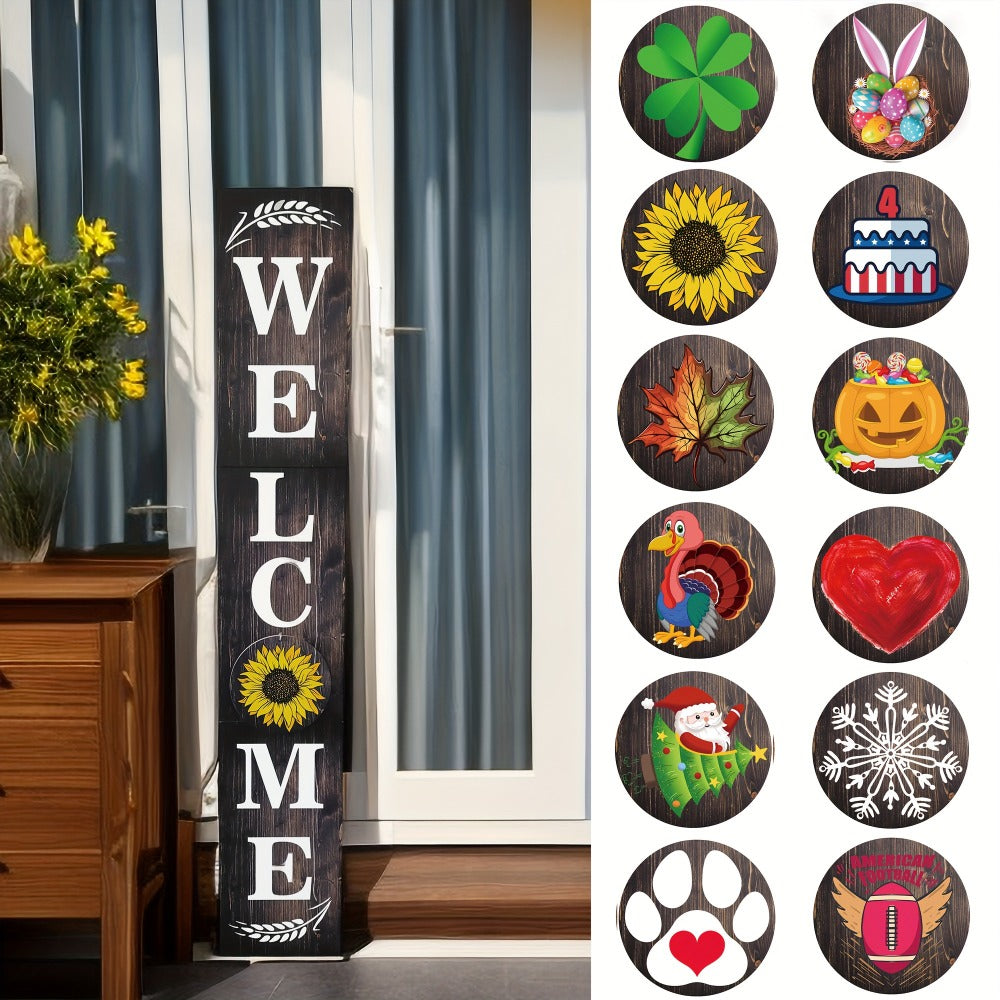 Porch Sign with 12 Interchangeable Seasonal Icons 47 Inch Tall - Welcome Sign for Front Door, Wind Resistant Leaner Board for Patio Yard Farmhouse Entryway, 4th of July Independence Day Decor