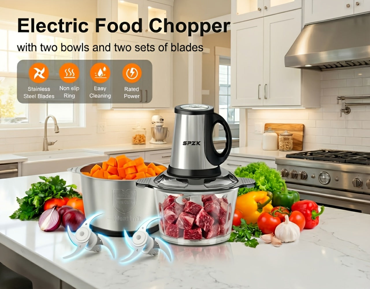 Electric Food Chopper with 2 Bowls & 2 Blades ¨C Multi-Function Food Processor, Meat Grinder & Vegetable Chopper for Meats, Salads, Nuts, Garlic & More
