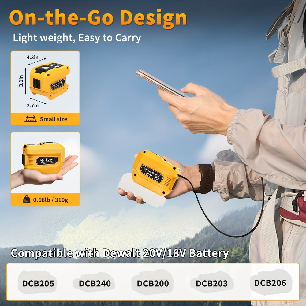 220W Portable Power Inverter for DeWalt 20V Battery AC Outlet Converter Camping Travel Emergency Backup Silent Fan Cooling