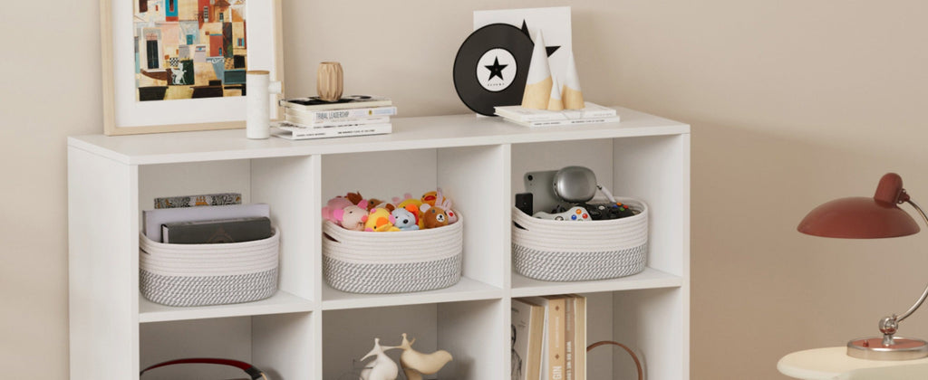 Woven Storage Baskets 6-Pack Cotton Rope Cube Bins 11x7x5¡± | Handmade Small Shelf Baskets for Organizing Closet Bedroom Living Room Playroom | Round Decorative Storage Caddy Multiple Colors