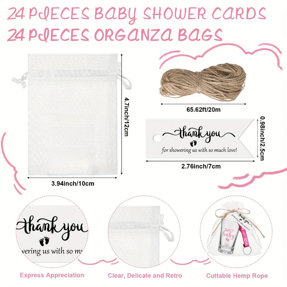 Baby Shower Party Favors 96pcs for 24 Guests - Shot Glasses Bottle Openers Thank You Tags Organza Bags Pink Gender Reveal Return Gifts Boy Girl Shower Prize Set