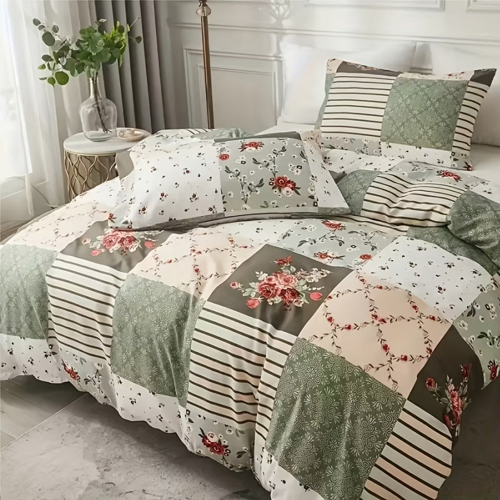 Floral Duvet Cover Set 3 Piece - Zipper Closure Patchwork Comforter Cover with 2 Pillowcases, All-Season Lightweight Kids Bedding Set, Pastoral Flower Plaid Print, Twin Full Queen King