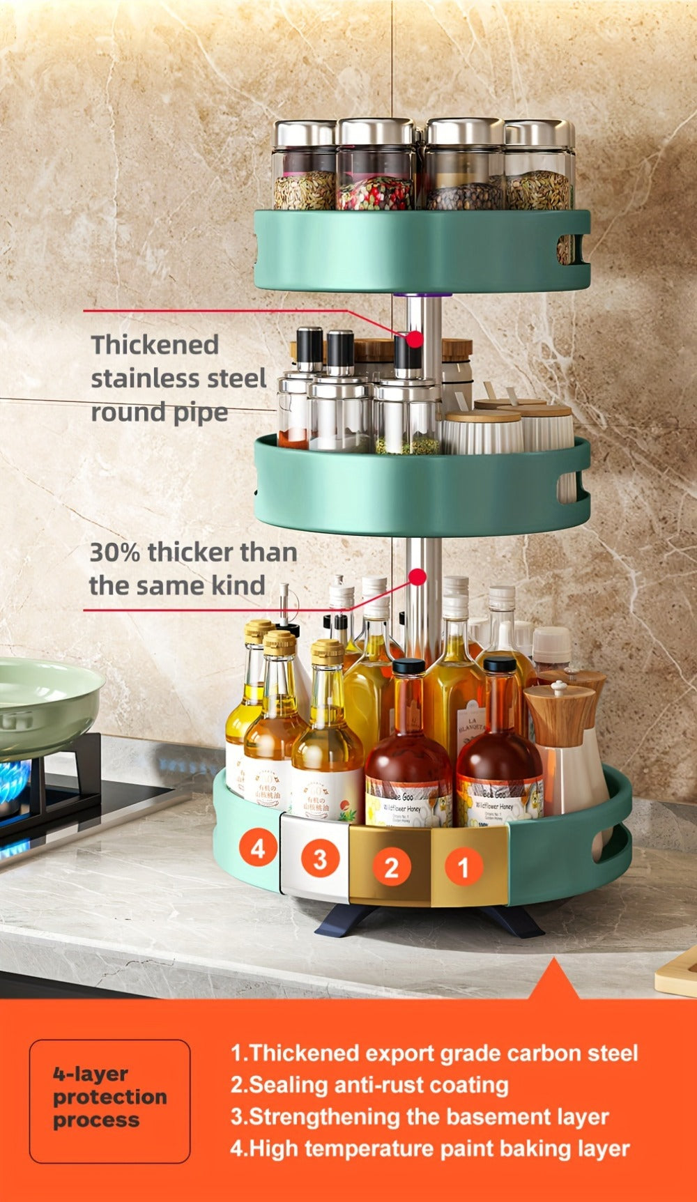 Rotating Spice Rack Double Layer Stainless Steel Countertop Corner Seasoning Storage Organizer for Kitchen Pantry Cabinet Green Silver White Black