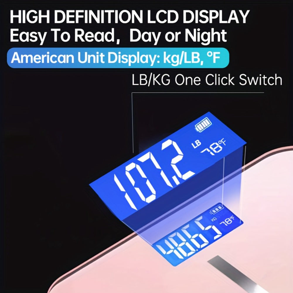 USB Rechargeable Bathroom Scale 400lb ¨C Smart Digital Body Weight Scale, HD LCD & Fahrenheit Temperature Display, kg/lb Switch, Ultra-Wide Platform, USB Charging or Battery Powered, Black & Pink