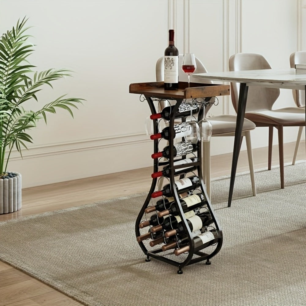 Freestanding Wine Rack Floor 14 Bottles Mini Bar Table Stand Liquor Cabinet with Glass Holder Wood Tabletop Wine Storage for Home Bar Kitchen Living Room Black