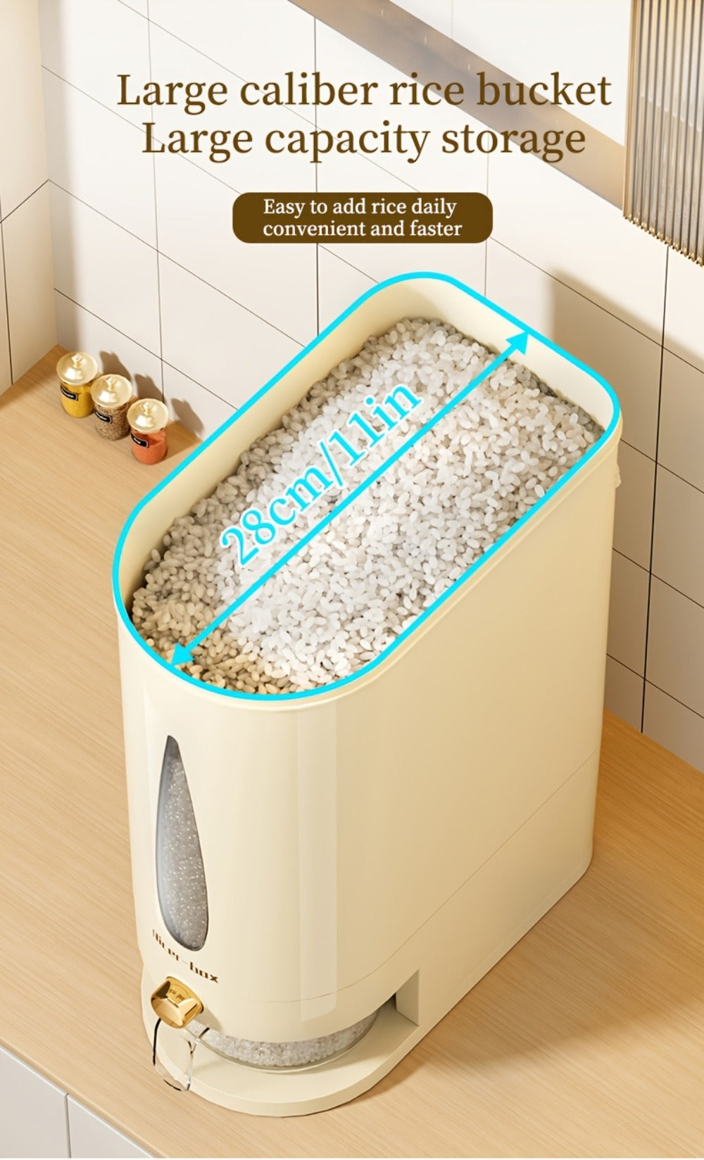 Rice Dispenser Storage Container Press Type Measuring Cup Moisture-Proof Sealed Grain Bin - Large Capacity Airtight Rice Storage Box for Rice Coffee Beans Flour Legumes Pet Food Kitchen Pantry Organizer