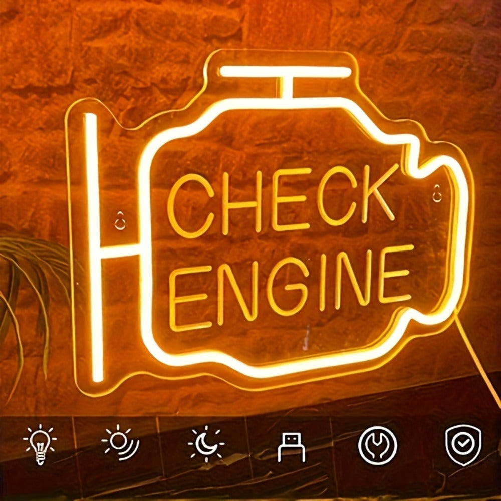 Neon Sign Check Engine LED ¨C Funny Car-Themed Wall Mounted Light for Bedroom, Garage, Wedding, Engagement Party & Home Decor, Multipurpose Decorative Neon Lamp