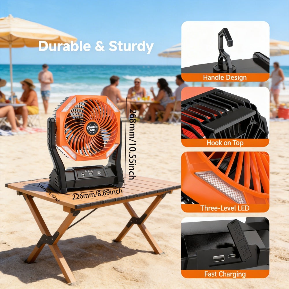 Camping Fan 20000mAh with LED Light and Brushless Motor, 4-Speed 180¡ã Oscillating Portable Outdoor Fan, 22-26H Long Runtime Anti-Slip Base, 3-in-1 Table Fan for Camping, Hiking, Picnic and Emergency