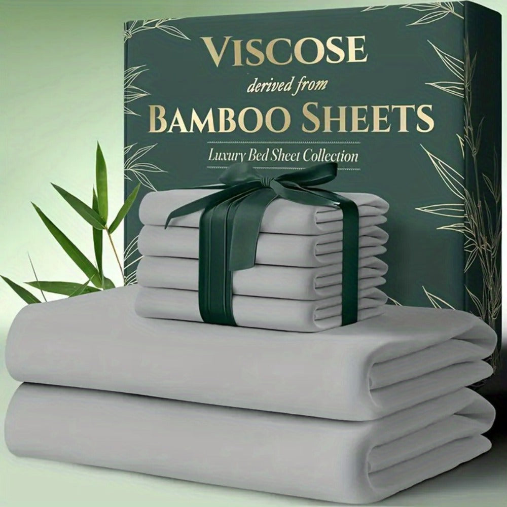 Bamboo Cooling Bed Sheets 6-Piece Set Deep Pocket Fits Twin Full Queen King Ultra-Soft Breathable Bedding for Hot Sleepers Machine Washable Double-Stitched