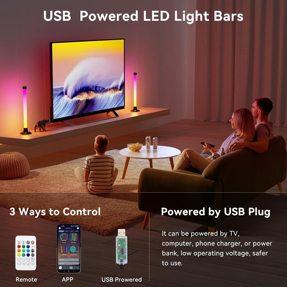 RGBIC LED Light Bar Music Sync RGB Ambient Lighting USB Powered 64+ Modes 16 Million Colors App Remote Control Desktop TV Backlight Mood Lamp Room Decor Night Light 2pcs