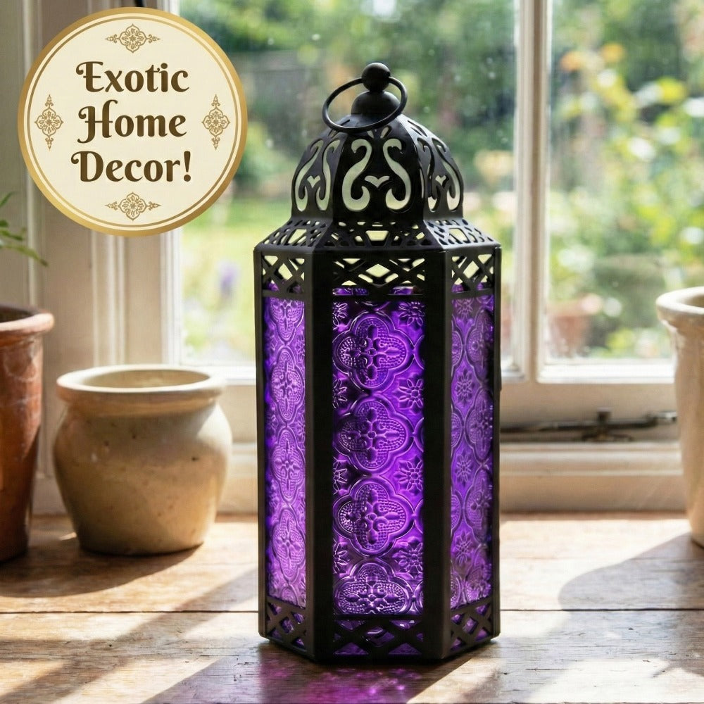 Moroccan Candle Lantern Holder - Decorative Metal & Glass Lantern with Embossed Floral Design for Indoor Home Decor, Garden, Patio, Weddings, Ramadan, Halloween & Holiday Celebrations - 10.5¡± Tall Medium Size