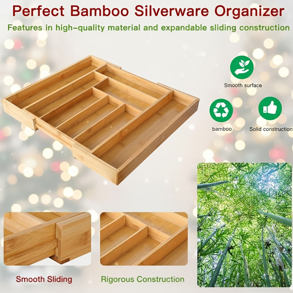 Bamboo Expandable Drawer Organizer Adjustable Cutlery Tray with 6-8 Compartments Wooden Drawer Divider for Kitchen Silverware Utensils Bedroom Office Living Room