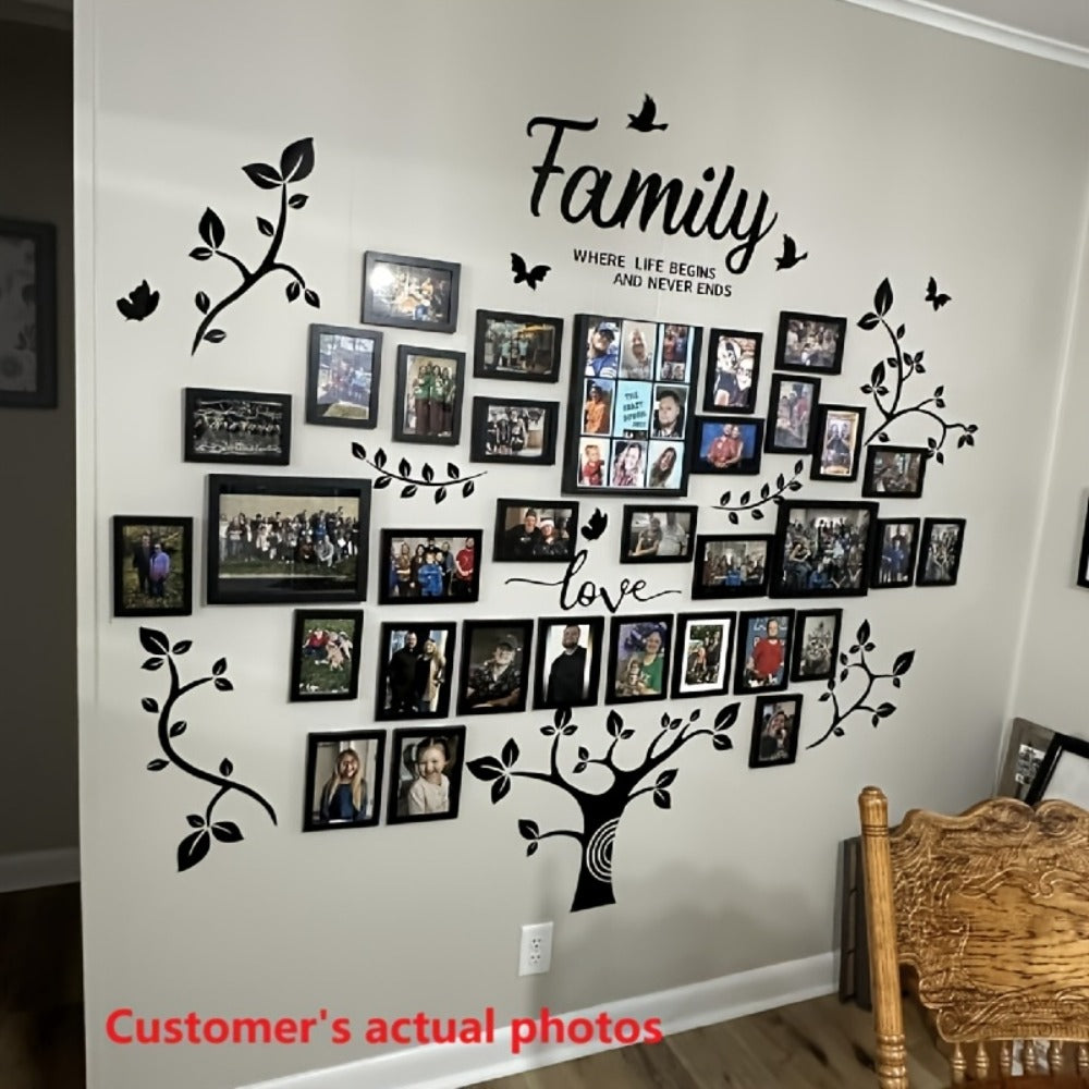 Family Tree Wall Sticker 3D Acrylic Photo Frame Collage ¨C Removable Leaf-Shaped Picture Display with ¡±Family¡± & ¡±Love¡± Text, Peel & Stick Living Room Wall Decor, 81.5 x 57.48 Inches