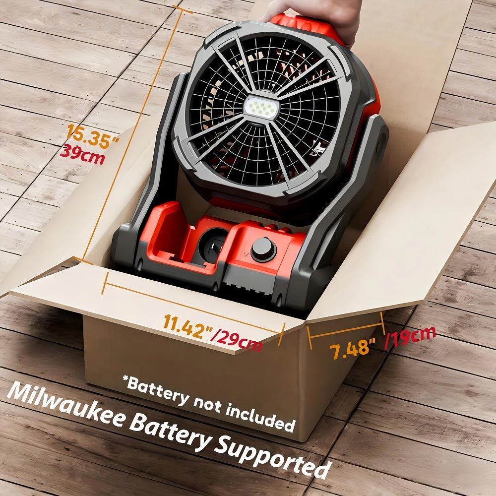 18V Battery Operated Cordless Fan Compatible with Milwaukee M18 Red Battery LED Light Variable Speed 180 Degree Tilt Hook for Hanging Camping Job Site Fan Red Battery Not Included