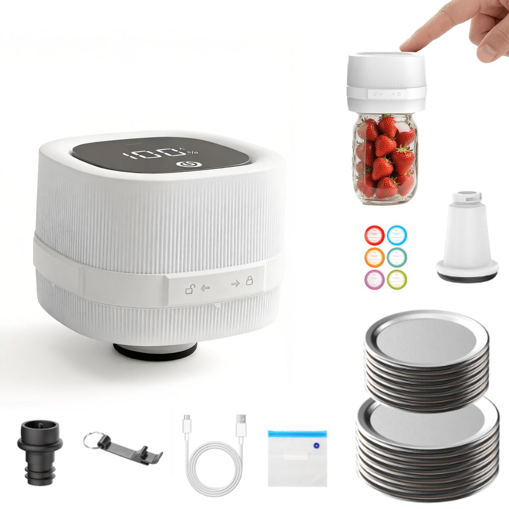 Electric Jar Vacuum Sealer 3-in-1 with 14 Sealing Lids ¨C One-Button Leak-Proof Vacuum Sealing Machine for Food Storage, Fits Regular & Wide Mouth Jars, Wine Plug & Bag Included