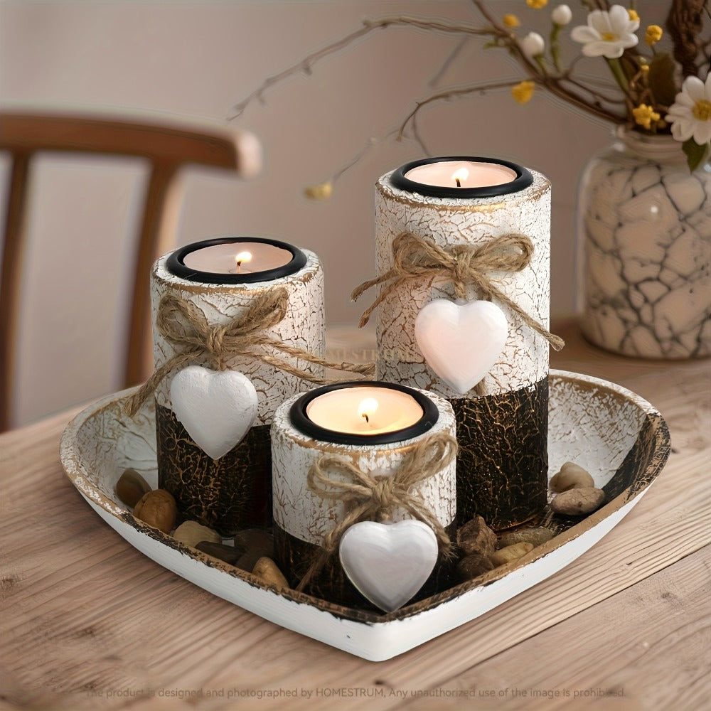 Wooden Candle Holder Set of 4 ¨C Love Heart Tray, Tea Light Holder, Knot Bow Decoration & Decorative Stone Bowl for Home Decor, Valentine's Day, Christmas & Easter Gift