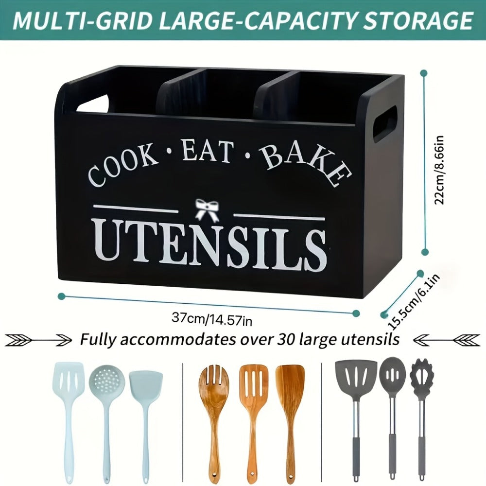 Wooden Kitchen Utensil Holder 3 Compartment Countertop Organizer, Rustic Wood Kitchen Tool Storage Box Wall Mounted or Countertop, Country Style Kitchen Accessories for Cook Bake Eat Tools
