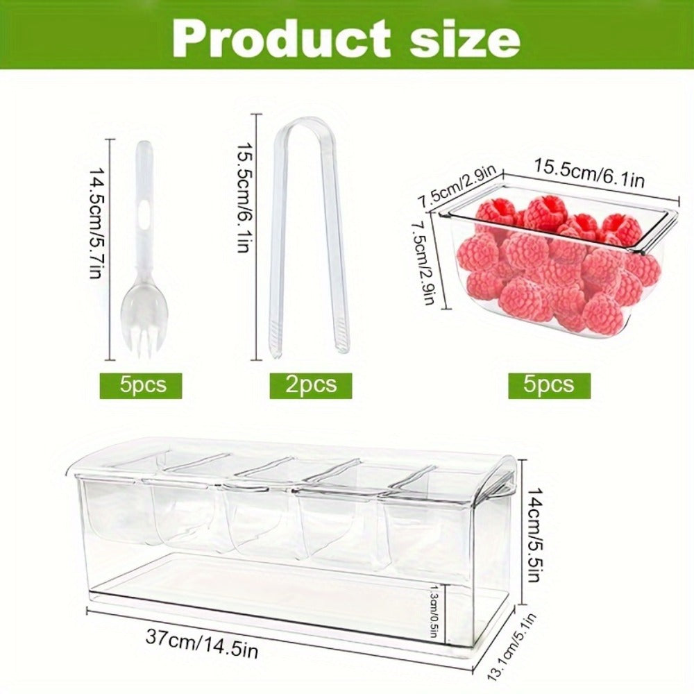 Fruit Salad Bowl with Lid and 5 Compartments, Portable Chilled Serving Tray with 5 Forks and 2 Tongs, Detachable Fruit Storage Box for Party Entertaining Bar Decoration Buffet Table