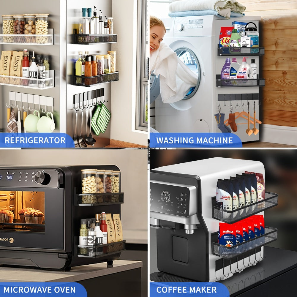 Magnetic Floating Shelf for Refrigerator 4-Piece Set with Hooks Strong Magnet Kitchen Organizer Fridge Side Storage for Spices Bottles Dorm