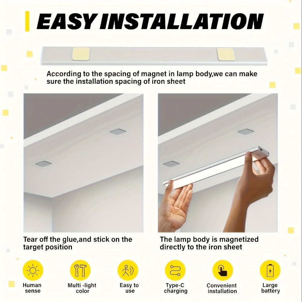 LED Motion Sensor Light USB-C Rechargeable 3 Color Temperatures Stepless Dimming Wireless Magnetic Under Cabinet Closet Night Light 1 2 4 Pack 20cm 30cm 40cm 50cm