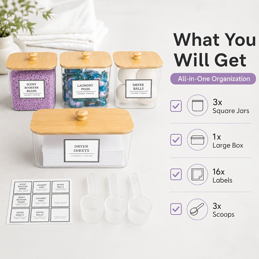 Laundry Pods Container & Dryer Sheet Holder Set with Bamboo Lids, Clear Laundry Room Organization Containers for Scent Booster, Powder, Pods ¨C 3+1 Pack