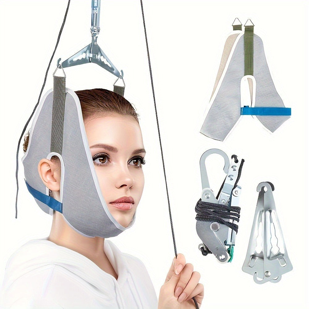 Cervical Traction Device with Handle, Adjustable Neck Traction Belt & Shoulder Massager, Spinal Decompression Pillow for Muscle Tension Relief, Durable Iron & Nylon Home Neck Stretcher