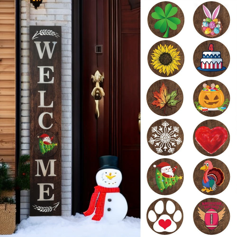 Porch Sign with 12 Interchangeable Seasonal Icons 47 Inch Tall - Welcome Sign for Front Door, Wind Resistant Leaner Board for Patio Yard Farmhouse Entryway, 4th of July Independence Day Decor