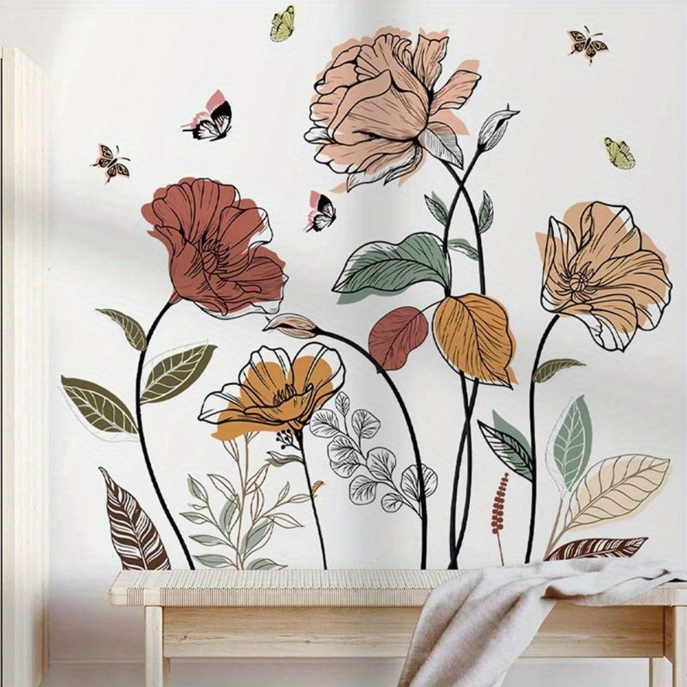 Bohemian Flower Wall Stickers Self-Adhesive Peel and Stick - Wildflowers & Fruits Wall Art Decals for Living Room Bedroom TV Background - Removable Matte Boho Floral Wall Decoration Sticker