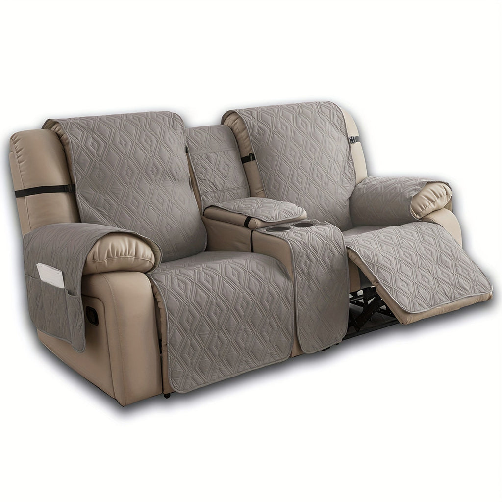 Recliner Loveseat Cover 4 Piece Set Waterproof Split Dual Recliner Sofa Slipcover with Center Console Cover & Straps - Pet Friendly Furniture Protector, Knit Polyester, 8 Colors, Black Grey Beige Navy
