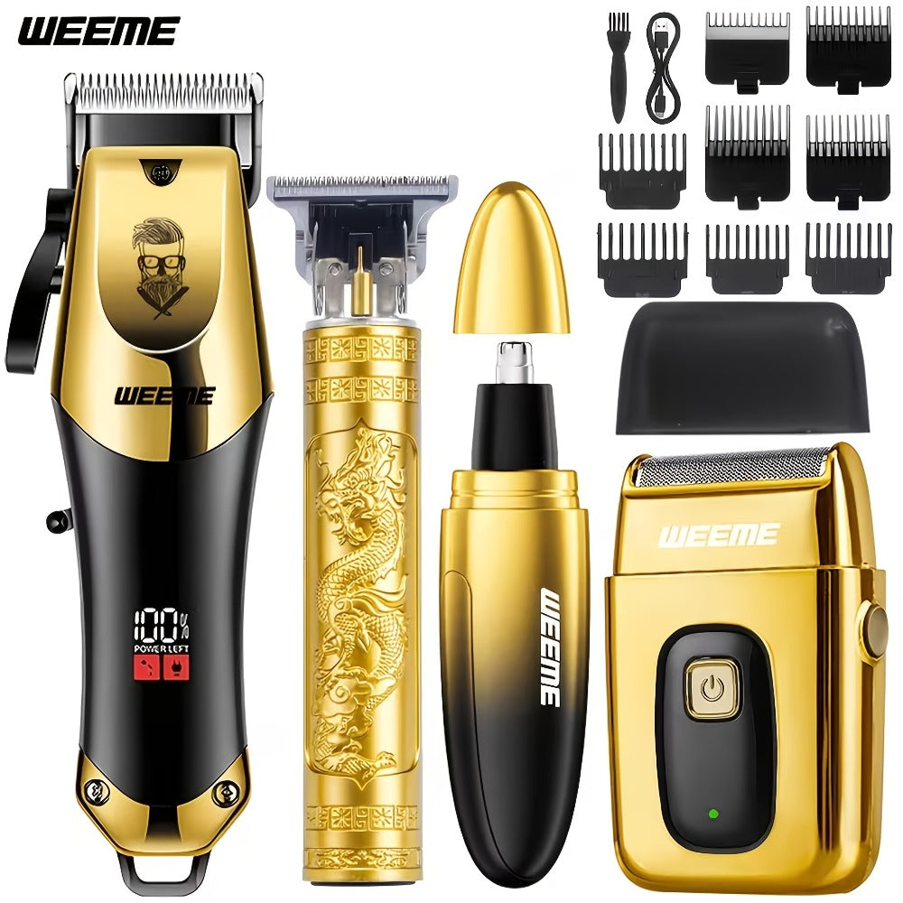 Men's Grooming Kit USB Rechargeable Hair Clipper Set with Nose Trimmer Electric Shaver Detail Trimmer 8 Limit Combs Professional Haircut Kit Father's Day Christmas Gift Gold