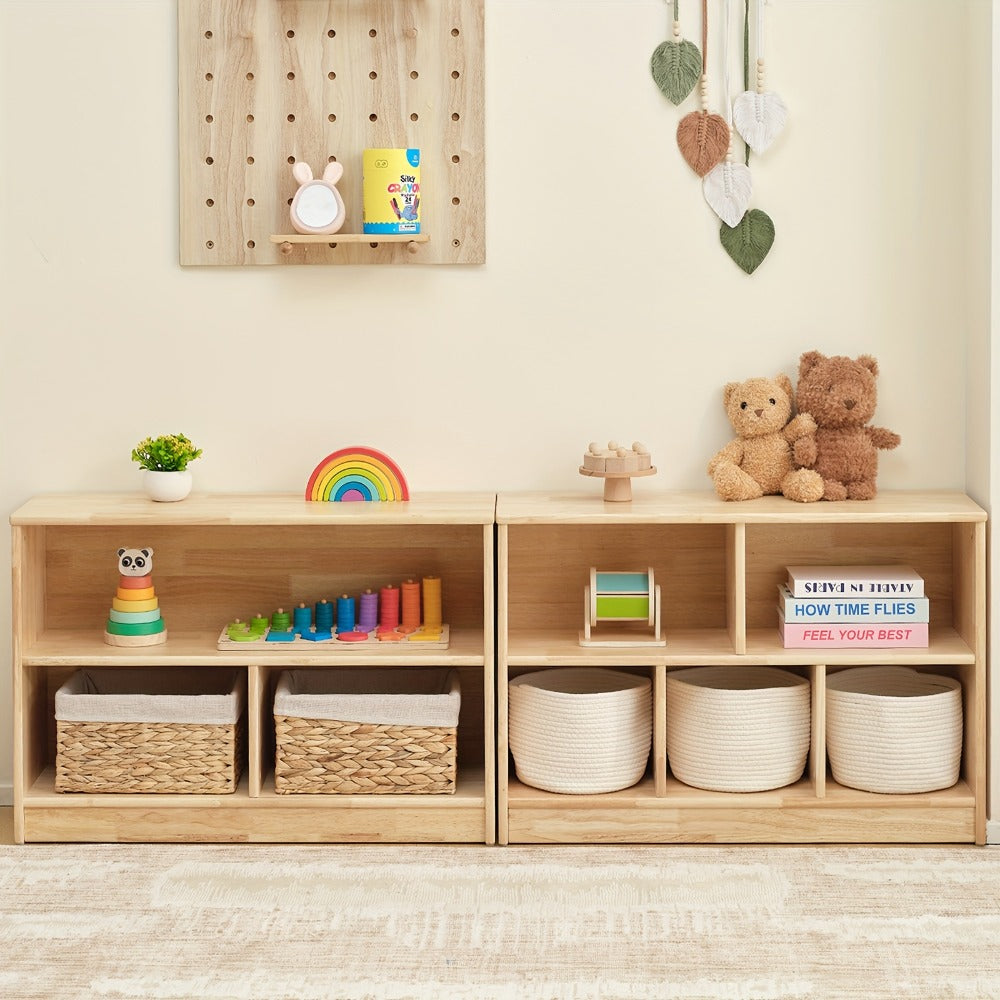 Rubber Wood 5-Compartment Bookshelf 35.4¡± ¨C 2-Tier Wooden Storage Cabinet for Classroom, Playroom & Preschool | Kids Book Organizer Shelf for Daycare, Bedroom & Living Room | 5-Section Display Rack