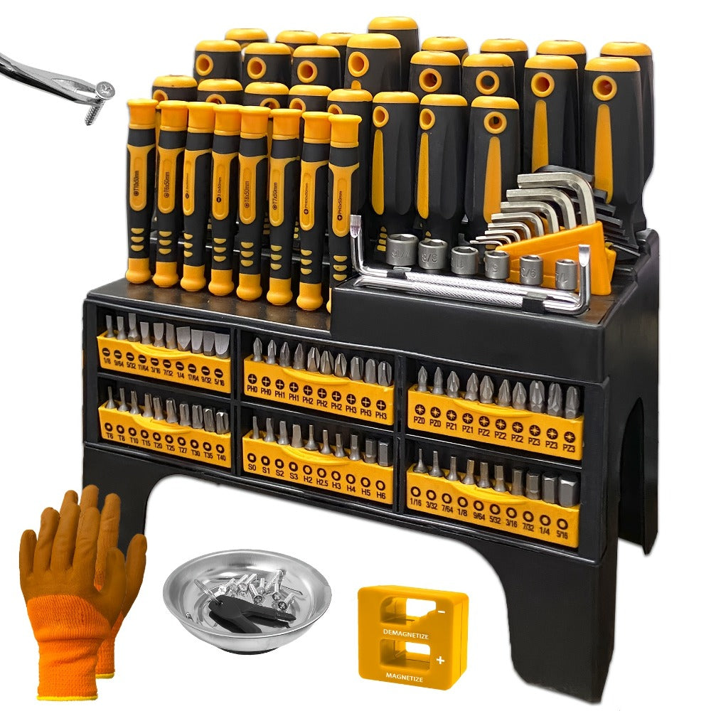 Magnetic Screwdriver Set 121-Piece ¨C Chrome Vanadium Steel, Non-Slip Handle, Multi-Size Bits with Storage Rack, Magnetic Bowl, Gloves & Nail Puller ¨C Complete DIY Tool Kit Gift for Men
