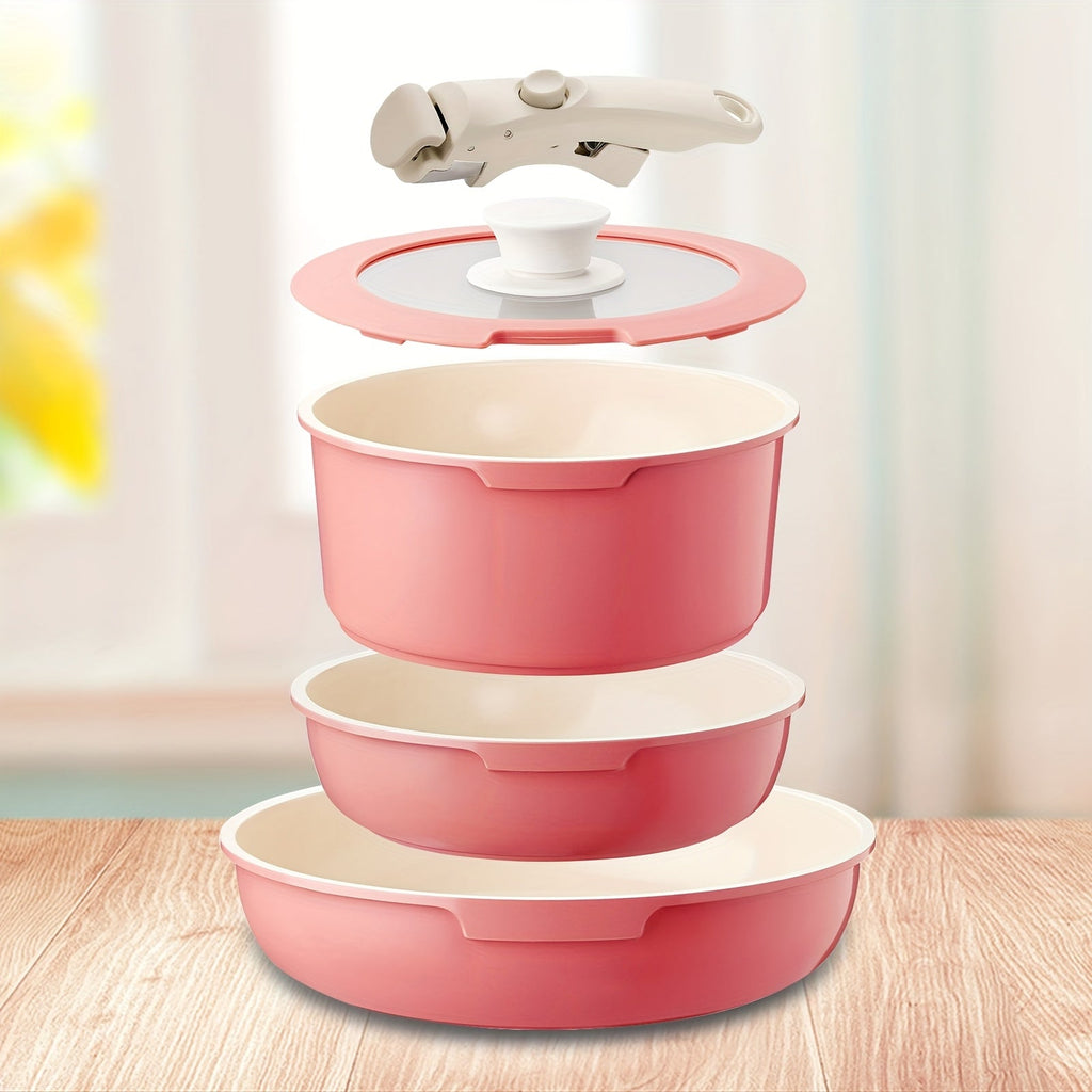 Nonstick Cookware Set 5-Piece Detachable Handle Aluminum Pots and Pans ¨C Space-Saving Stackable Induction Compatible | 8 & 10 Inch Frying Pan Soup Pot Universal Lid | White Pink Beige Coral Pink