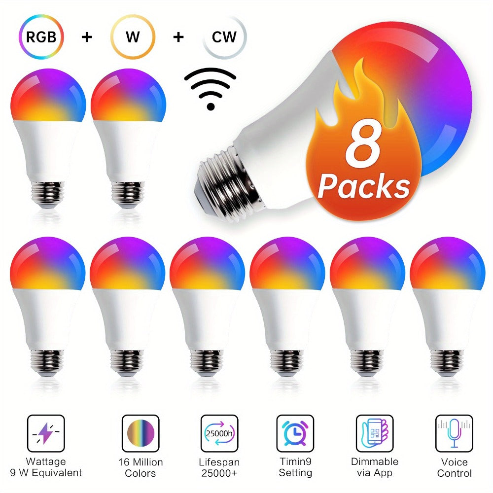 Color Changing Smart Bulbs, RGB+CW A19 E26 WiFi LED Bulb 16 Million Colors 2500K-6500K Dimmable, Works with Alexa Google Home, App Voice Control 29 Scene Modes Timer, 9W 800LM 2.4GHz No Hub Required
